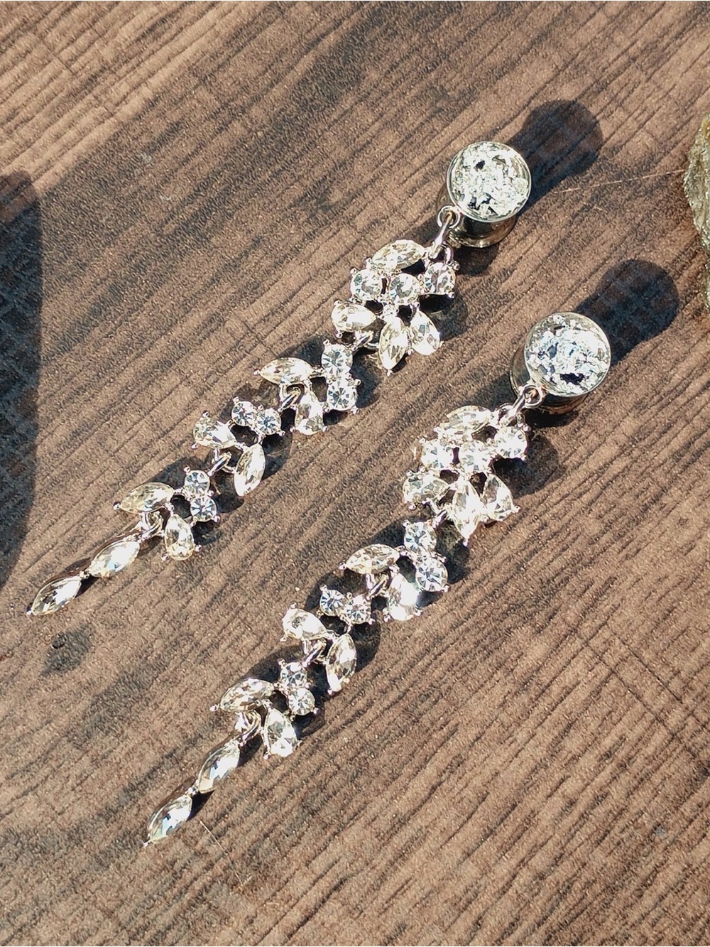 0G Gauge Plug Crystal Drop Dangle Earrings - Silver Tone